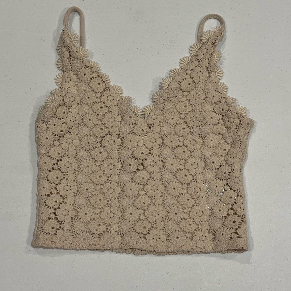 H&M Crochet Floral Lace Crop Top, Adjustable Straps, Tan, Small - Picture 2 of 6